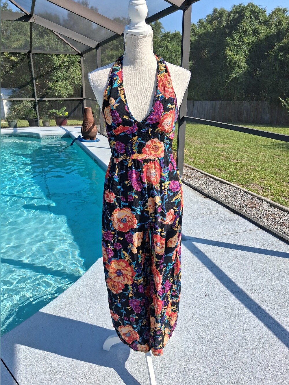 Band of Gypsies Floral Wide Leg Halter Top Jumpsuit Size XS Black/Rust